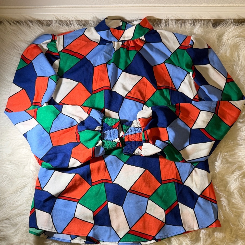 New York & Company Geometric Multicolor Smock Neck Luxe Blouse